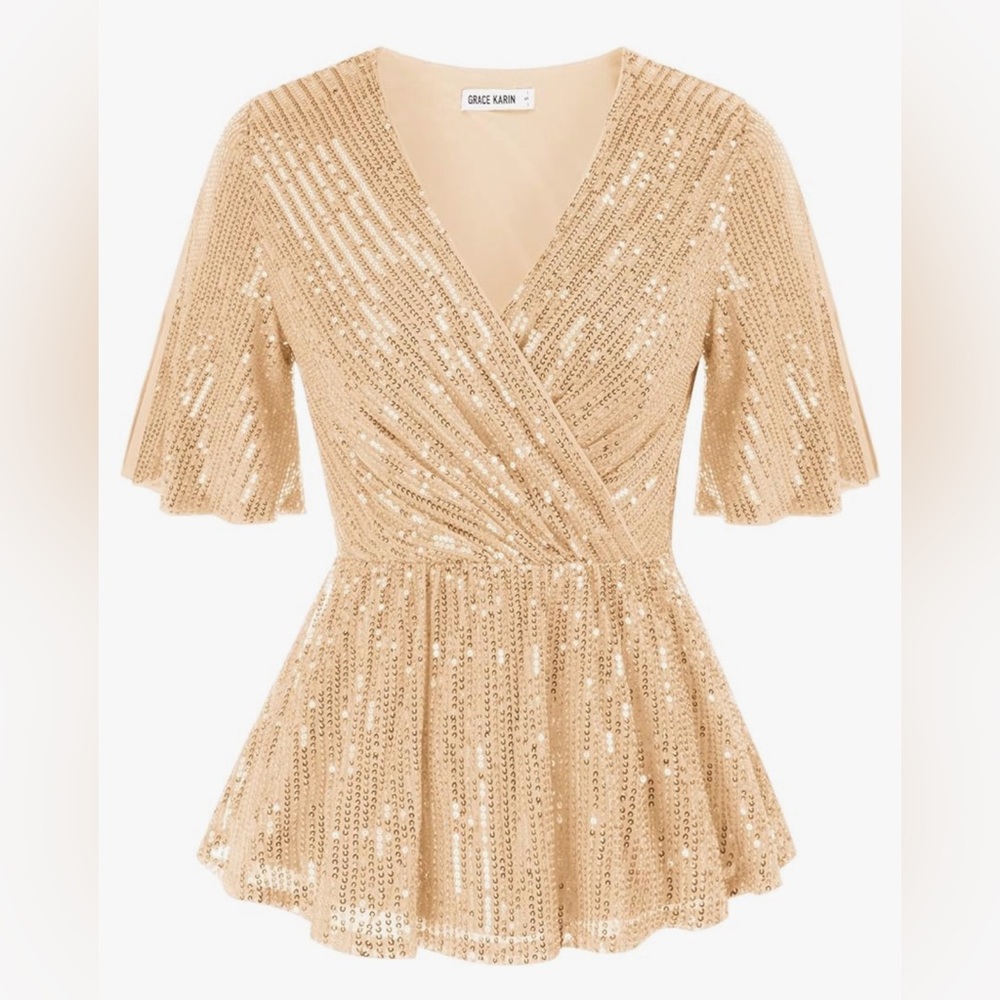 NWT Grace Karin sequin split flutter sleeve top